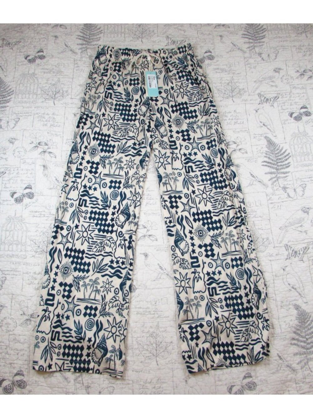 NEW $178 Shore Brand Women’s Pacific Blue / cream whimsical boho palazzo pants S
